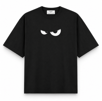 RAVYNN Oversized Black T-Shirt – White Angry Cartoon Eyes Graphic