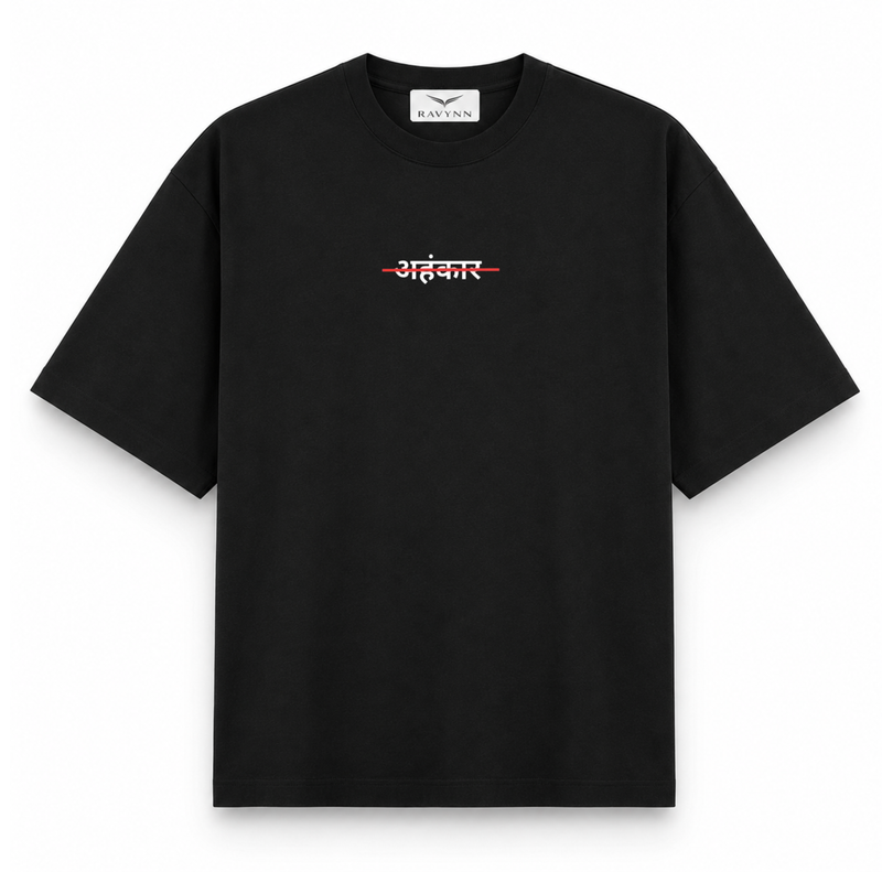 RAVYNN Oversized Black T-Shirt – Strikethrough "अहंकार" (Ahamkar) Hindi Graphic
