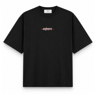 RAVYNN Oversized Black T-Shirt – Strikethrough "अहंकार" (Ahamkar) Hindi Graphic
