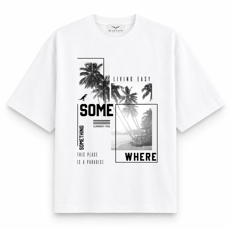 RAVYNN Oversized White T-Shirt – "Somewhere Paradise" Tropical Collage Graphic