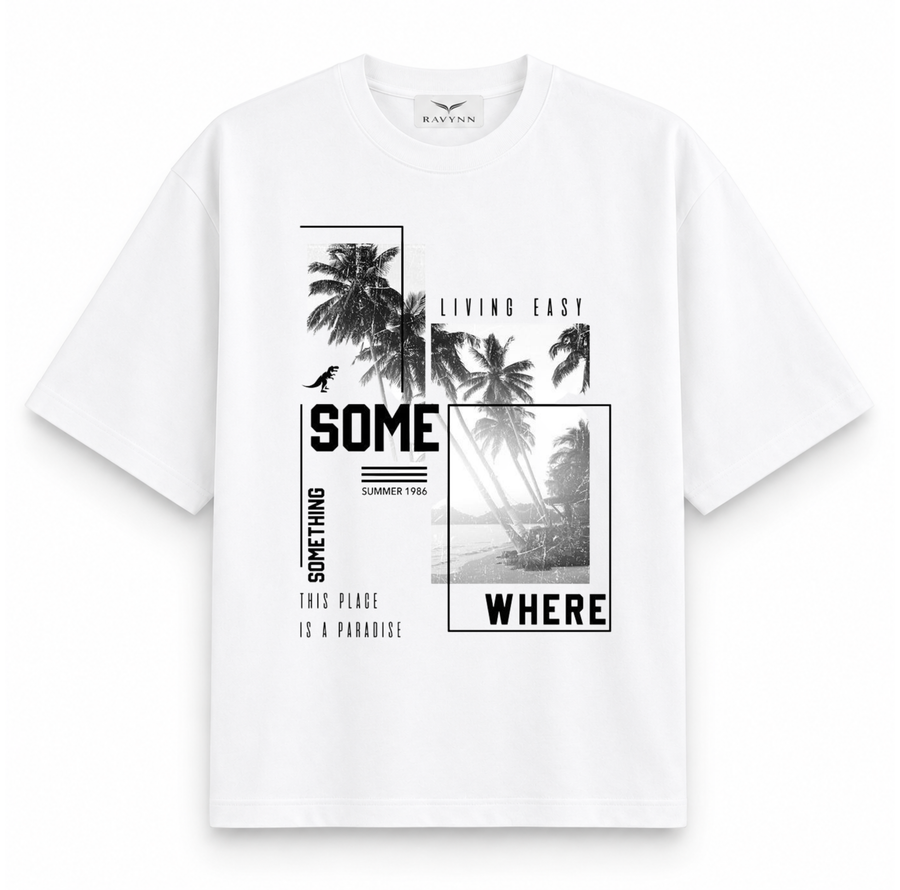 RAVYNN Oversized White T-Shirt – "Somewhere Paradise" Tropical Collage Graphic