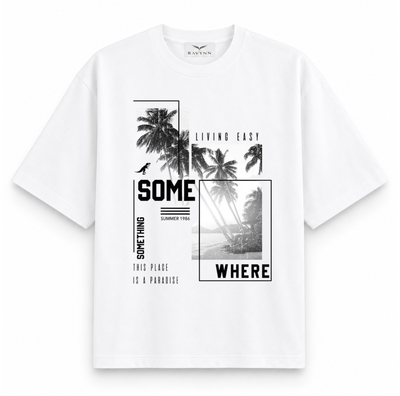 RAVYNN Oversized White T-Shirt – "Somewhere Paradise" Tropical Collage Graphic