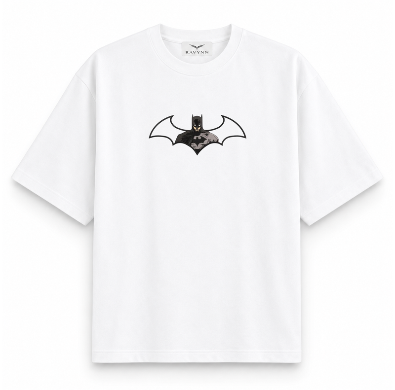 RAVYNN Oversized White T-Shirt – Batman Bat Symbol Cutout Graphic