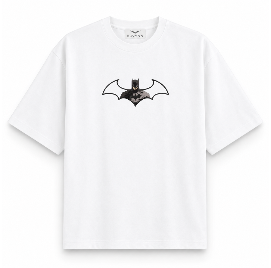 RAVYNN Oversized White T-Shirt – Batman Bat Symbol Cutout Graphic