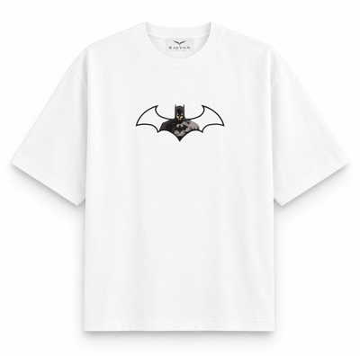 RAVYNN Oversized White T-Shirt – Batman Bat Symbol Cutout Graphic