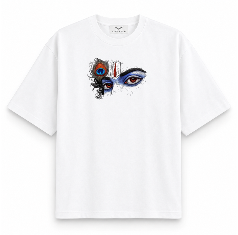 RAVYNN Oversized White T-Shirt – Divine Lord Krishna Eyes & Peacock Feather Graphic