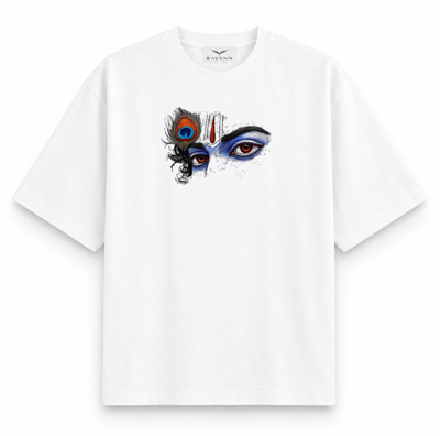 RAVYNN Oversized White T-Shirt – Divine Lord Krishna Eyes & Peacock Feather Graphic