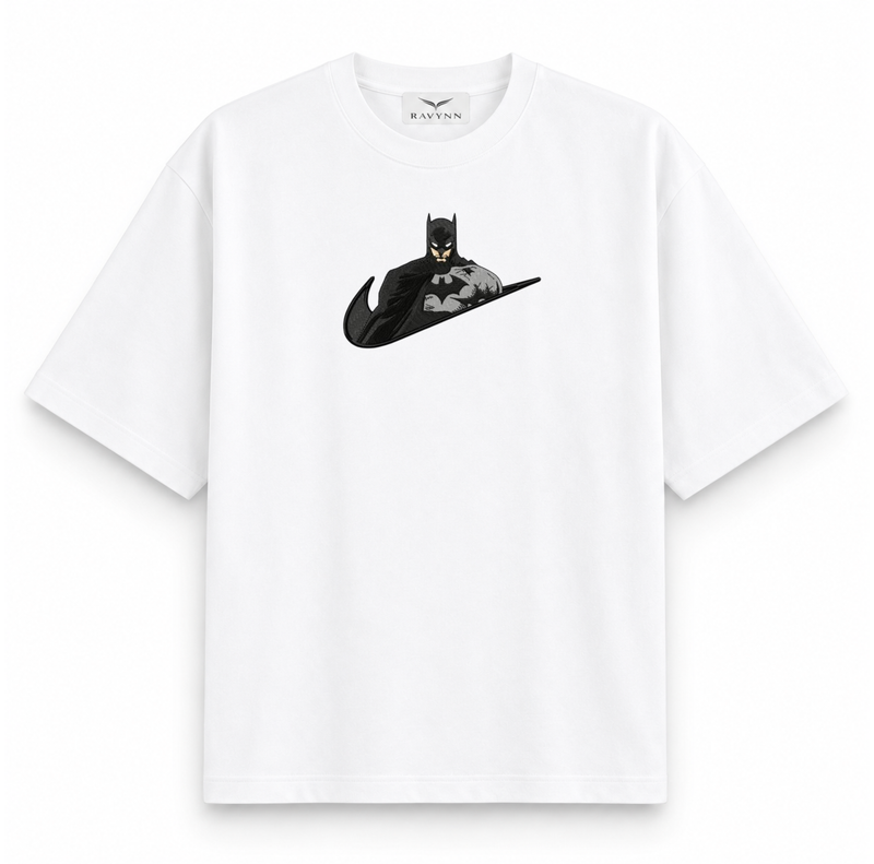 RAVYNN Oversized White T-Shirt – Batman Swoosh Frame Graphic