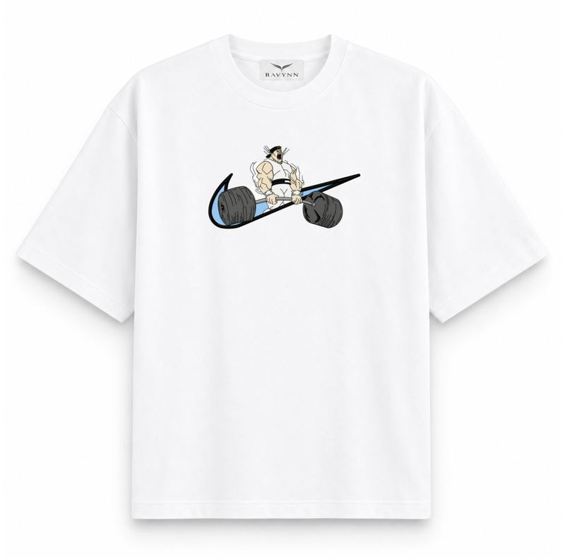 RAVYNN Oversized White T-Shirt – Anime Powerlifter Swoosh Graphic