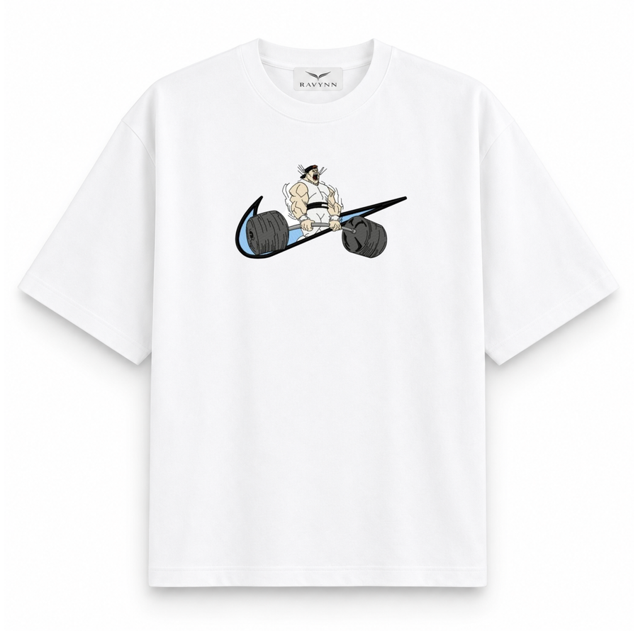 RAVYNN Oversized White T-Shirt – Anime Powerlifter Swoosh Graphic