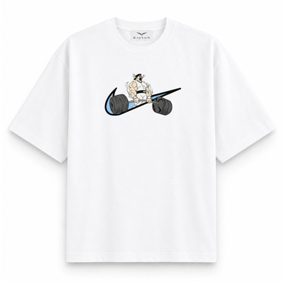 RAVYNN Oversized White T-Shirt – Anime Powerlifter Swoosh Graphic