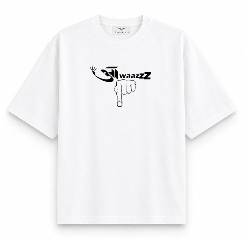 RAVYNN Oversized White T-Shirt – "Awaazz" Pointing Hand Hindi-English Graphic