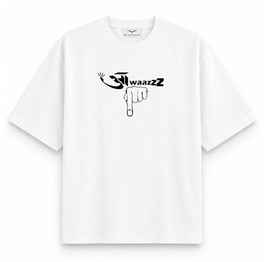 RAVYNN Oversized White T-Shirt – "Awaazz" Pointing Hand Hindi-English Graphic