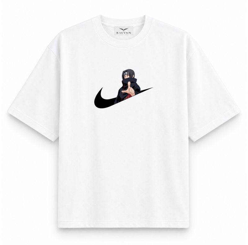 RAVYNN Oversized White T-Shirt – Itachi Uchiha Swoosh Frame Anime Graphic
