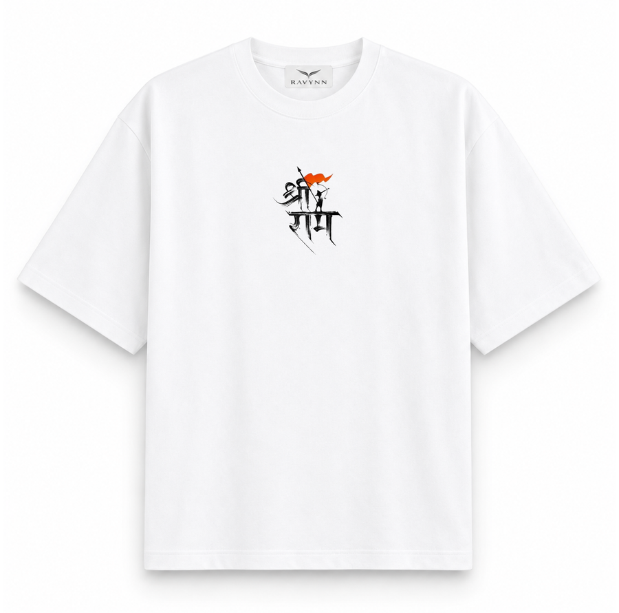 RAVYNN Oversized White T-Shirt – Calligraphic "Shree Ram" Bow & Flag Graphic