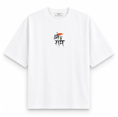 RAVYNN Oversized White T-Shirt – Calligraphic "Shree Ram" Bow & Flag Graphic
