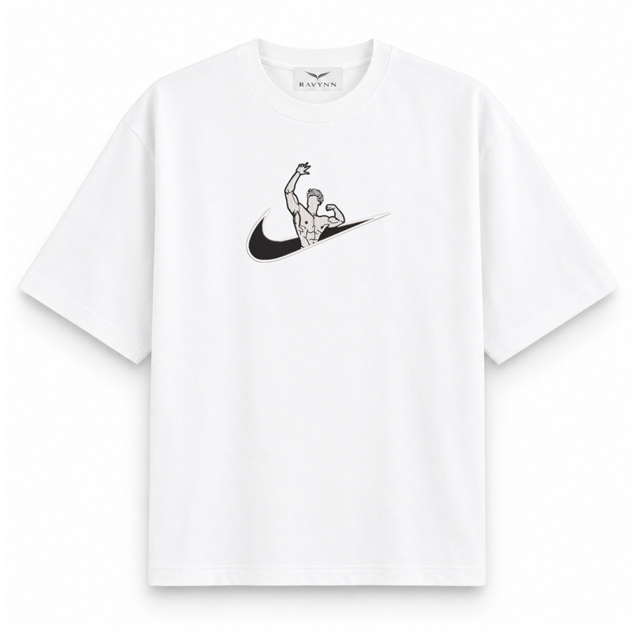 RAVYNN Oversized White T-Shirt – Bodybuilder Zyzz Pose Swoosh Graphic