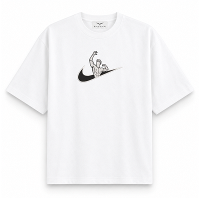 RAVYNN Oversized White T-Shirt – Bodybuilder Zyzz Pose Swoosh Graphic