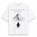 RAVYNN Oversized White T-Shirt – "Not Every Journey" Penguin & Mountain Graphic