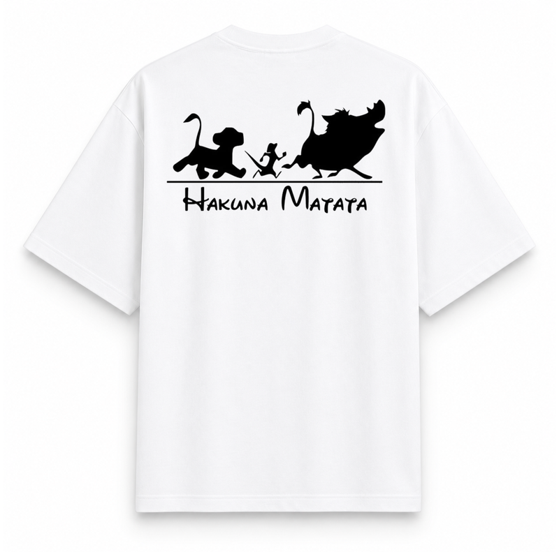 RAVYNN Oversized White T-Shirt – "Hakuna Matata" Lion King Trio Silhouette Back Graphic