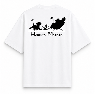 RAVYNN Oversized White T-Shirt – "Hakuna Matata" Lion King Trio Silhouette Back Graphic