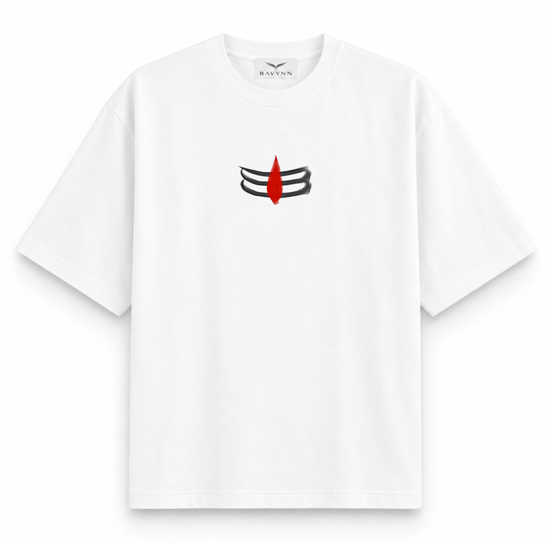 RAVYNN Oversized White T-Shirt – Lord Shiva Tripundra & Trishul Silhouette Graphic