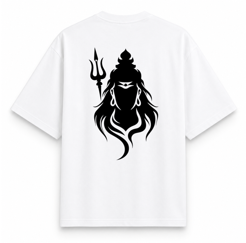 RAVYNN Oversized White T-Shirt – Lord Shiva Tripundra & Trishul Silhouette Graphic