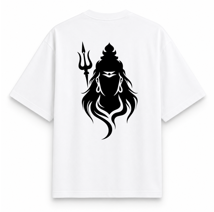 RAVYNN Oversized White T-Shirt – Lord Shiva Tripundra & Trishul Silhouette Graphic