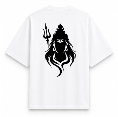 RAVYNN Oversized White T-Shirt – Lord Shiva Tripundra & Trishul Silhouette Graphic