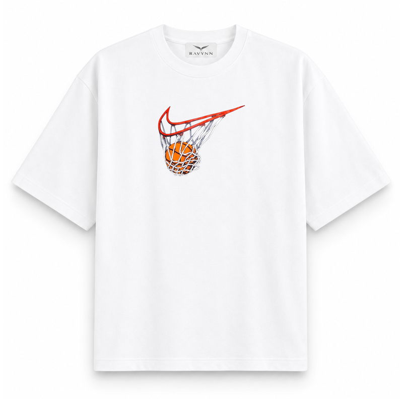 RAVYNN Oversized White T-Shirt – Basketball Hoop Swoosh Graphic