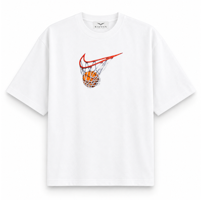RAVYNN Oversized White T-Shirt – Basketball Hoop Swoosh Graphic