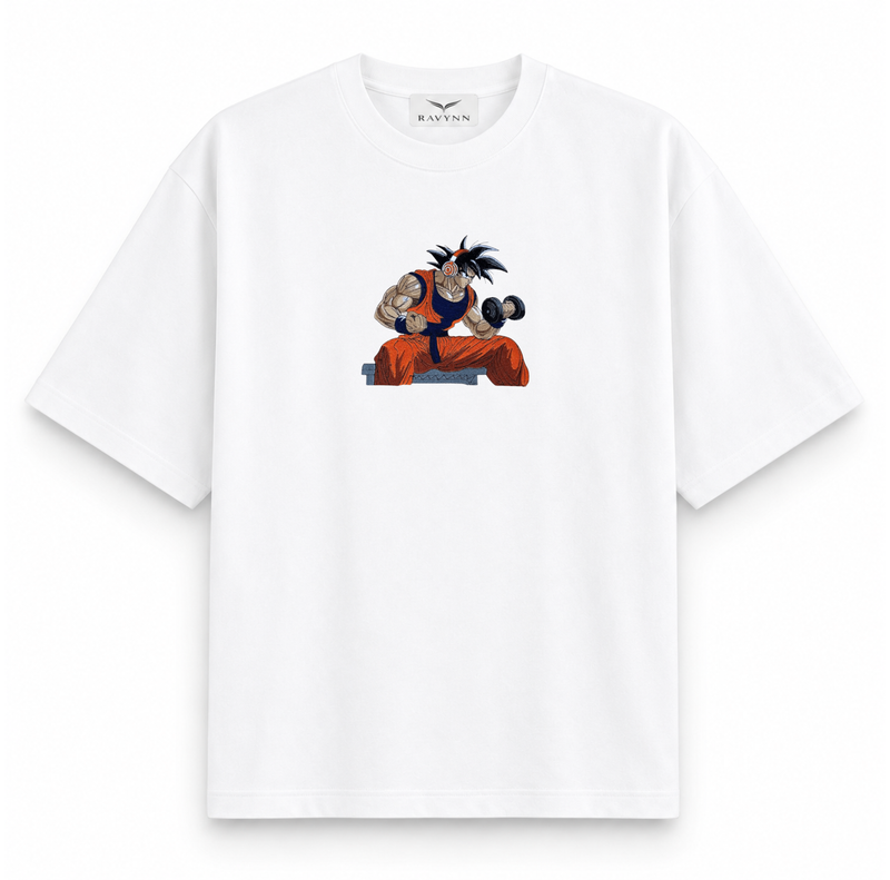 RAVYNN Oversized White T-Shirt – Goku Dumbbell Curl Gym Anime Graphic