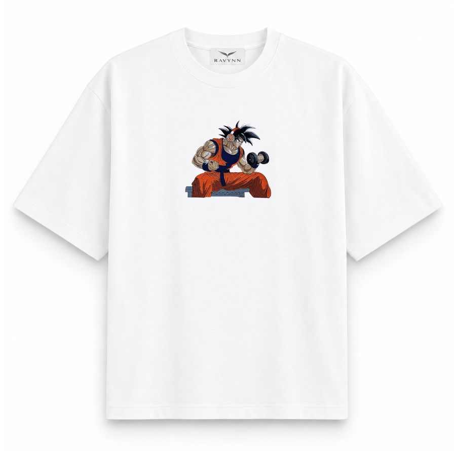 RAVYNN Oversized White T-Shirt – Goku Dumbbell Curl Gym Anime Graphic