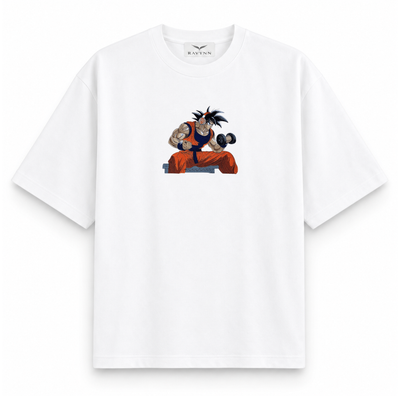 RAVYNN Oversized White T-Shirt – Goku Dumbbell Curl Gym Anime Graphic