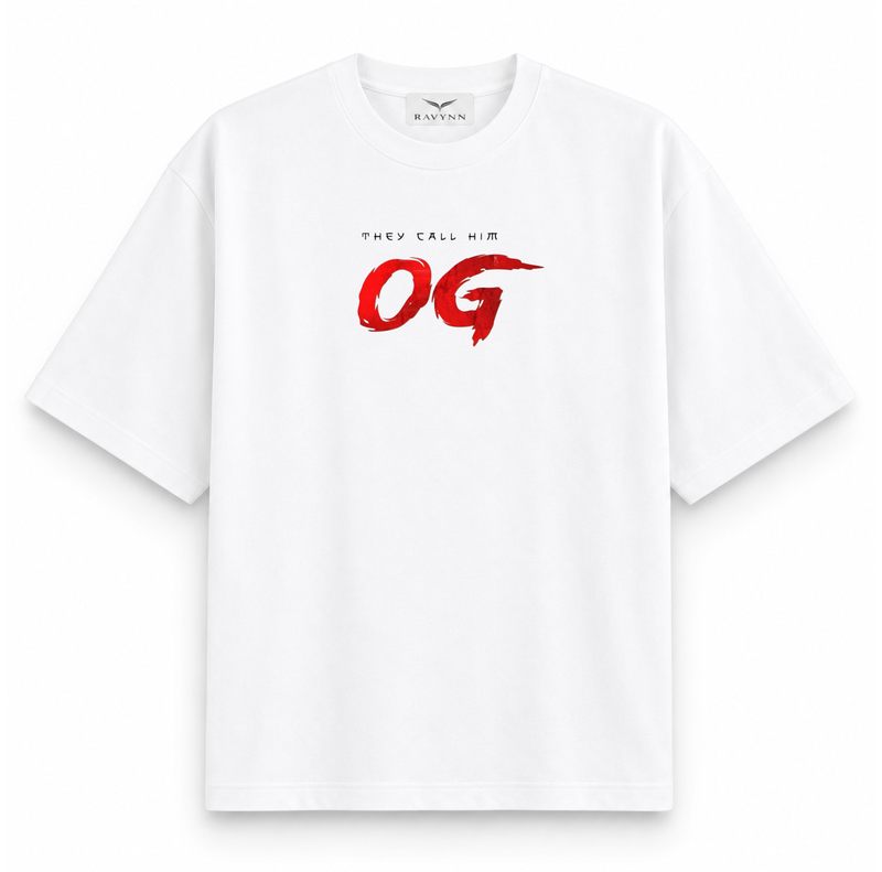 RAVYNN Oversized White T-Shirt – "They Call Him OG" Red Brush Typography Graphic