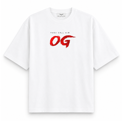 RAVYNN Oversized White T-Shirt – "They Call Him OG" Red Brush Typography Graphic