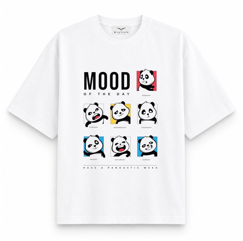 RAVYNN Oversized White T-Shirt – "Mood of the Day" Panda Grid Graphic