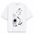 RAVYNN Oversized White T-Shirt – Doodle Astronaut & Space Rocket Graphic