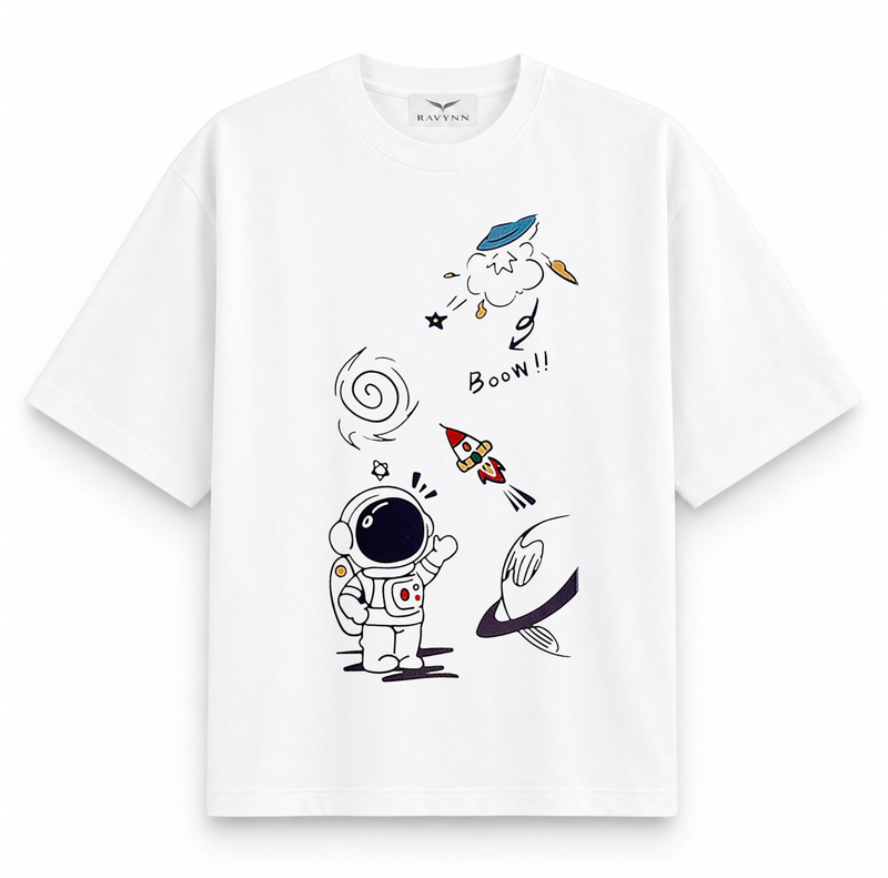 RAVYNN Oversized White T-Shirt – Doodle Astronaut & Space Rocket Graphic