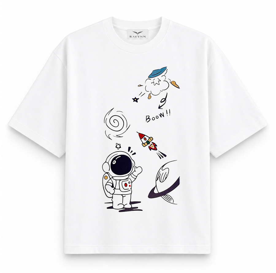 RAVYNN Oversized White T-Shirt – Doodle Astronaut & Space Rocket Graphic