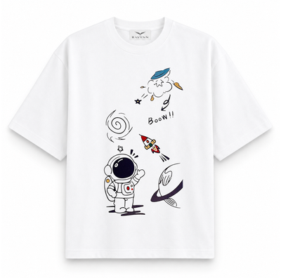 RAVYNN Oversized White T-Shirt – Doodle Astronaut & Space Rocket Graphic