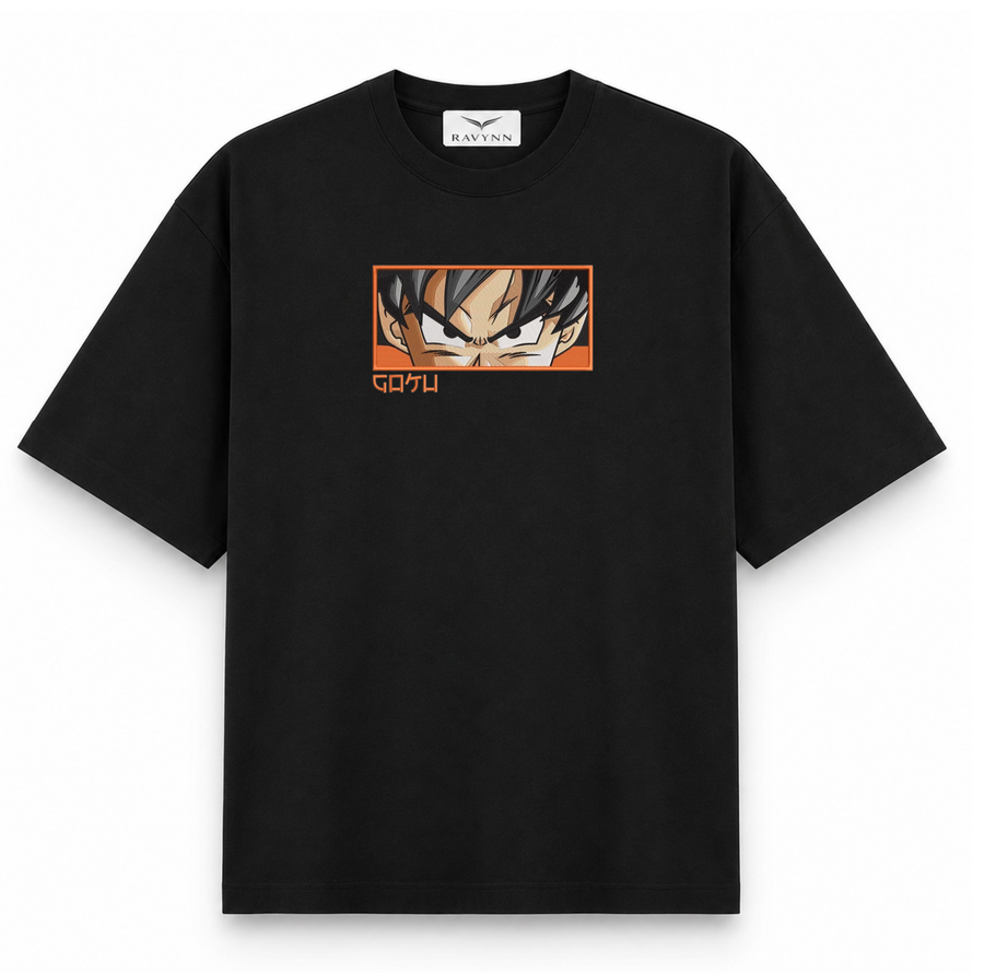 RAVYNN Oversized Black T-Shirt – Goku Anime Eyes Graphic