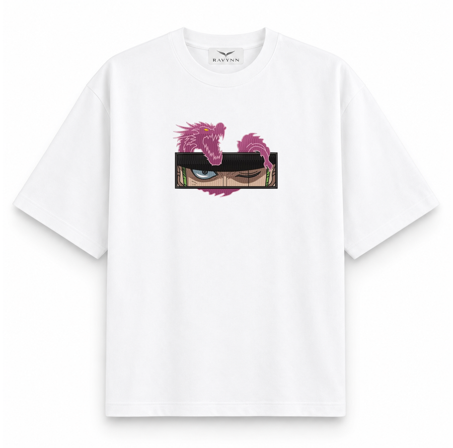 RAVYNN Oversized White T-Shirt – Roronoa Zoro Eyes & Purple Dragon Anime Graphic