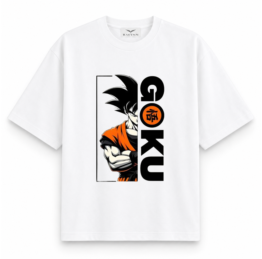 RAVYNN Oversized White T-Shirt – Son Goku Half Portrait & Kanji Anime Graphic
