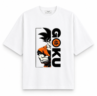 RAVYNN Oversized White T-Shirt – Son Goku Half Portrait & Kanji Anime Graphic