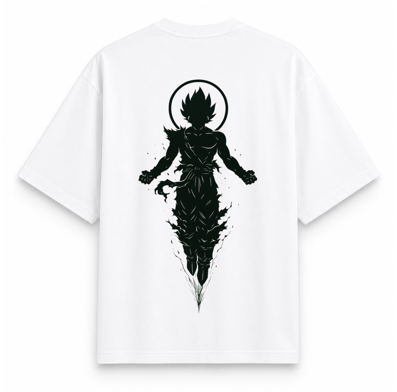 RAVYNN Oversized White T-Shirt – Ultra Instinct Goku Halo Silhouette Anime Back Graphic