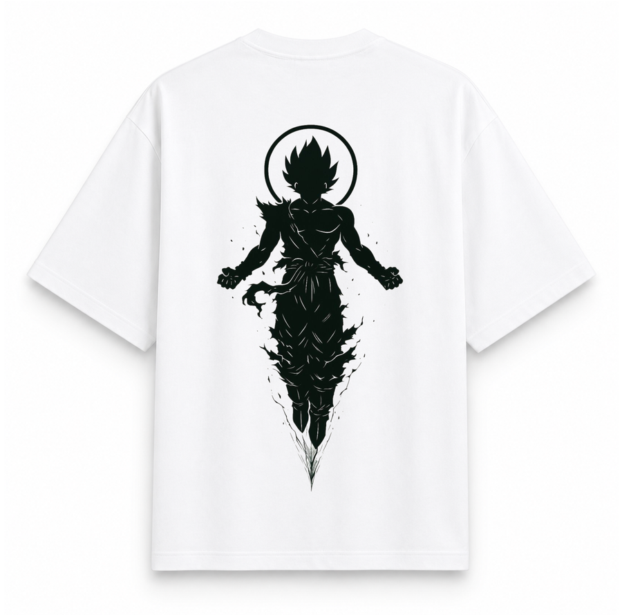 RAVYNN Oversized White T-Shirt – Ultra Instinct Goku Halo Silhouette Anime Back Graphic