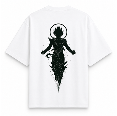 RAVYNN Oversized White T-Shirt – Ultra Instinct Goku Halo Silhouette Anime Back Graphic