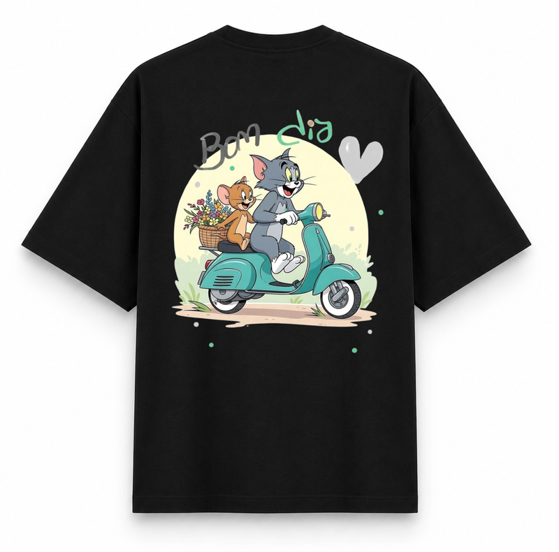 RAVYNN Oversized Black T-Shirt – Tom and Jerry Scooter Graphic