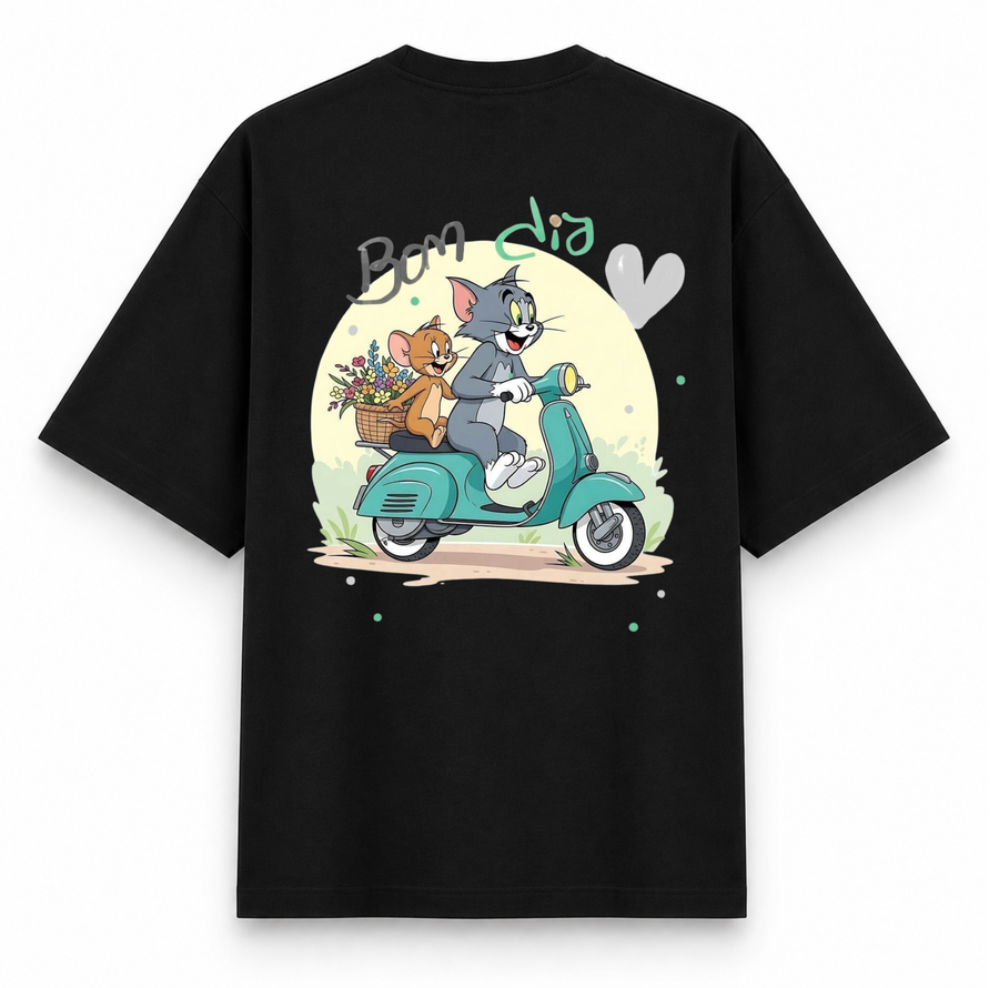 RAVYNN Oversized Black T-Shirt – Tom and Jerry Scooter Graphic